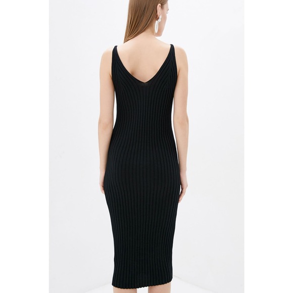 DASTI Knit Black Dress Ribbed Bodycon Midi Sweater Sleeveless V-Neck Knitted - Picture 5 of 6